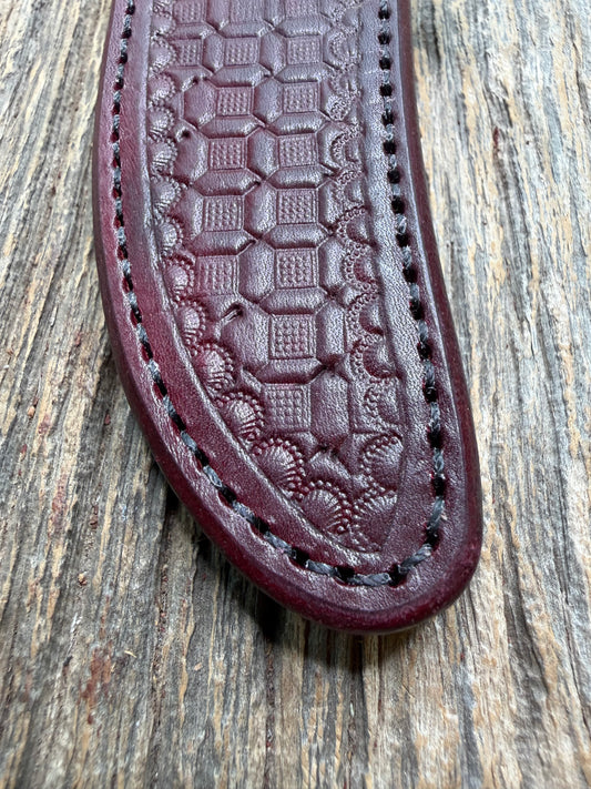 Randall Model 12-6 sheath in Ox Blood Red stamped leather from Sullivans by Gutcher. Parquet window pattern, mesmerizing !!