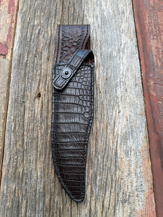 New Randall Model 12-8 Sheath in Exotic Dark Brown Matte Crocodile from Treeman with the newest Black Canteen snap. Killer sheath.
