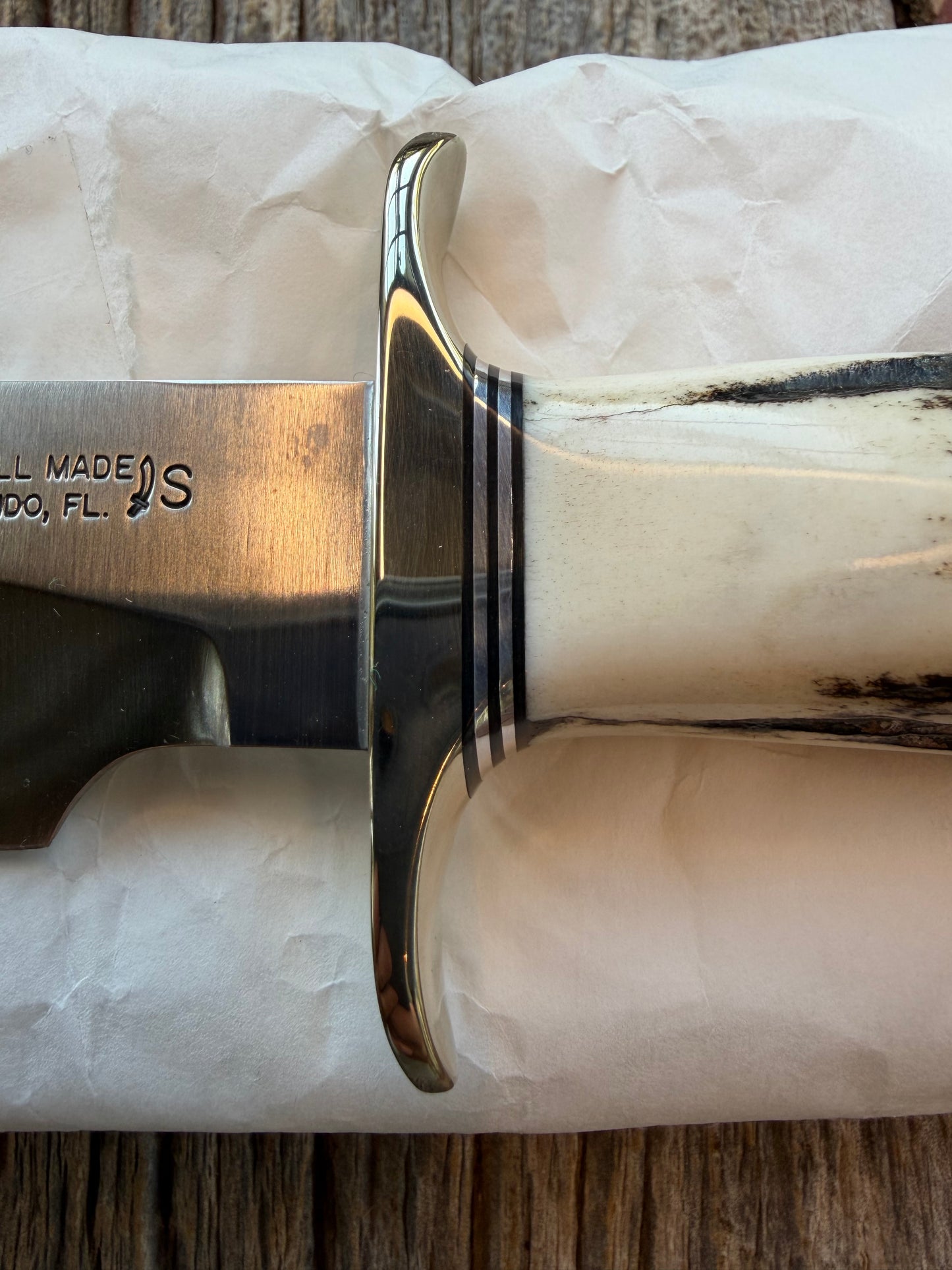 New in Paper Randall Non Catalog Model Sergeants Special. Nice Stag handle, Stainless blade, Nickel silver hilt and durillium butt cap. Brown leather sheath.