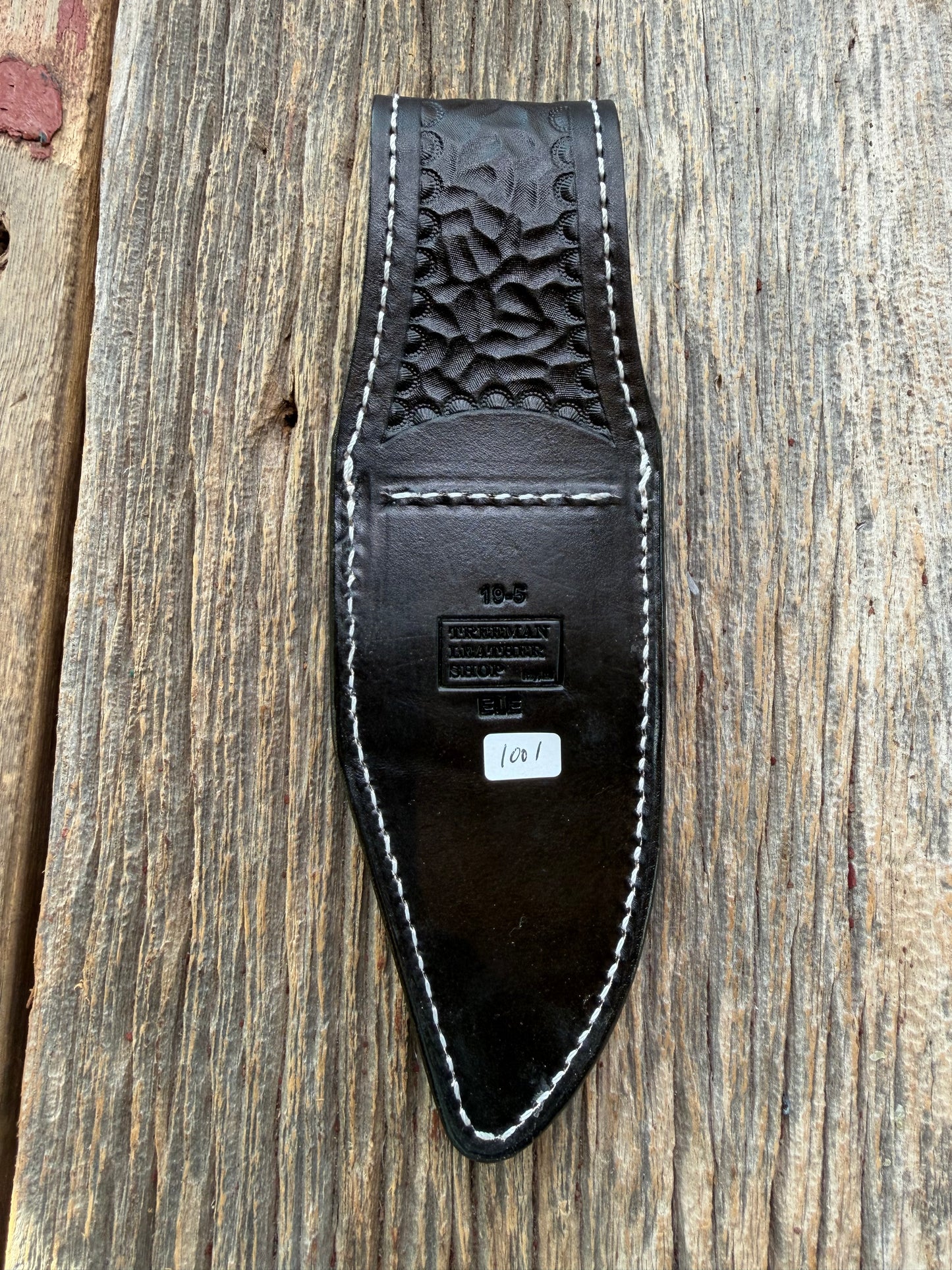 New Randall Model 19-5 Sheath in Exotic thick and textured Black Elephant hide on black leather from Treeman with a black Canteen snap. Hand tooled belt loop. Killer sheath.