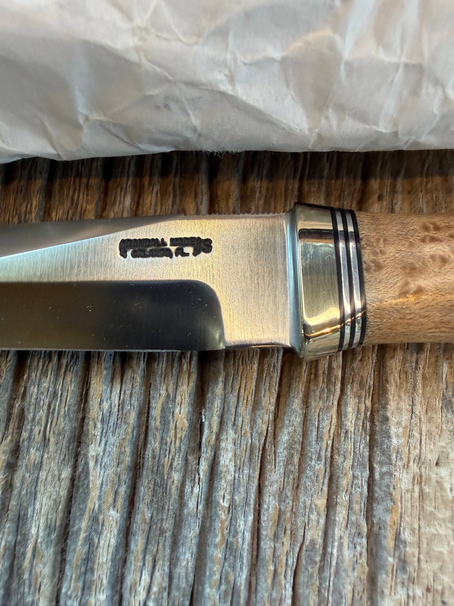 New in Paper Randall Model “Gambler” 4 Inch in Maple Wood, Nickel hilt, Stainless, black and aluminum spacers.