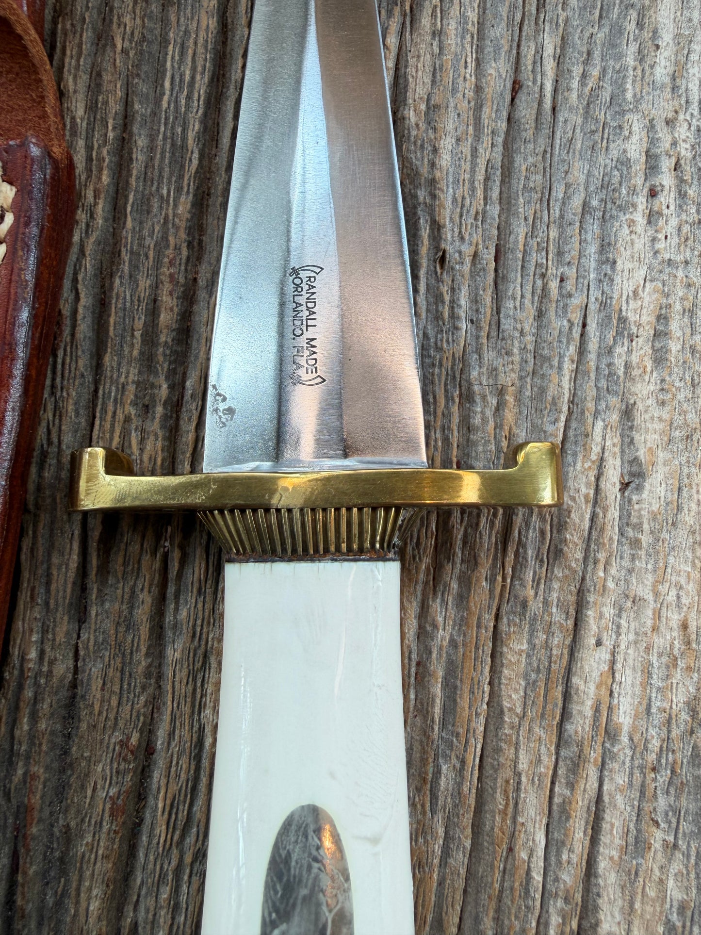 Randall Knife Model 13-6 Small Arkansas Toothpick in Elephant Ivory. Lugged Hilt, Scalloped brass collar and Coolie bottom,