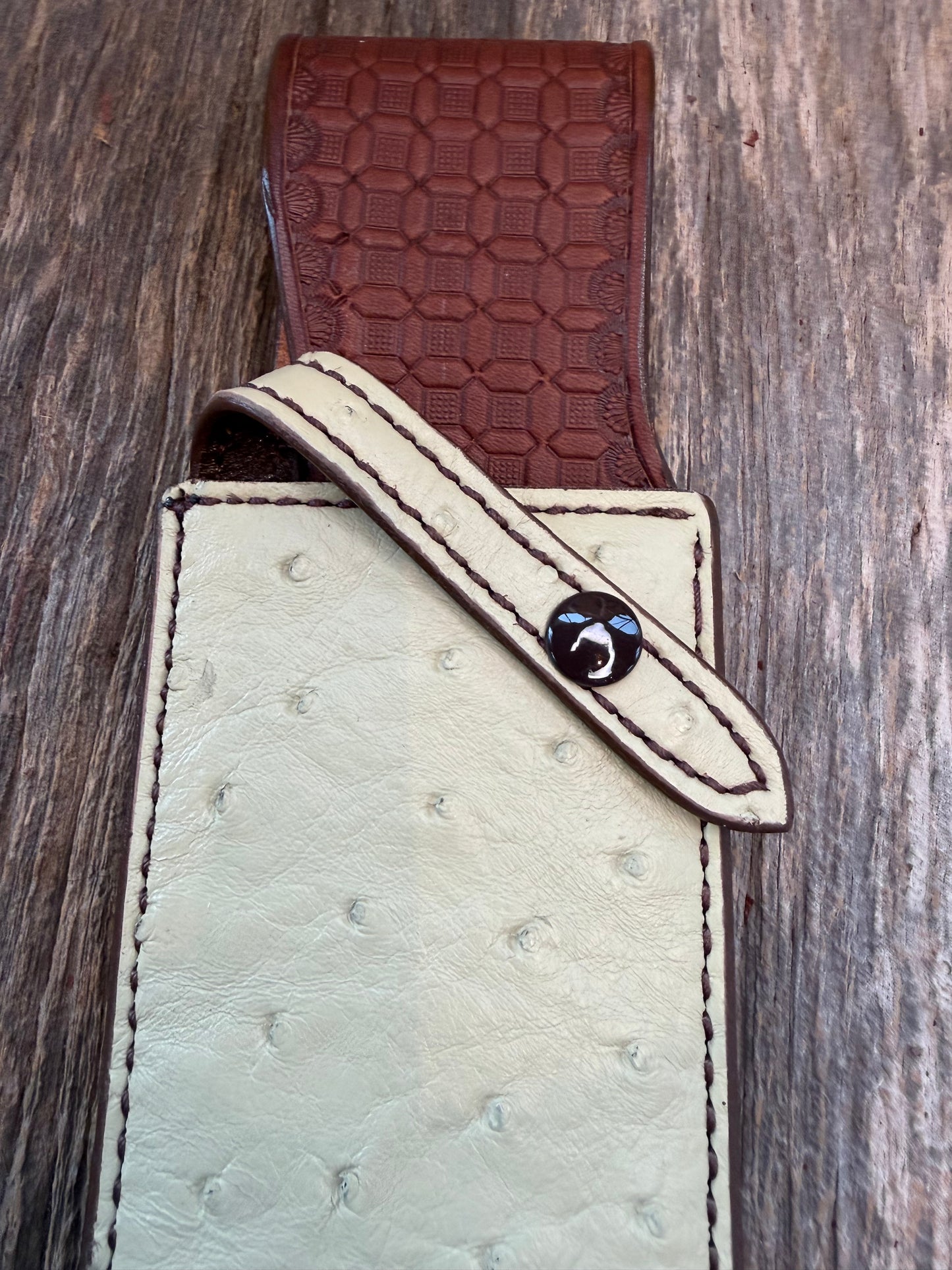 New Randall Model 12-11 Smithsonian “Smitty” Sheath in Exotic cream colored Ostrich Leg ( very rare) Custom Made at Sullivan’s by Gutcher.