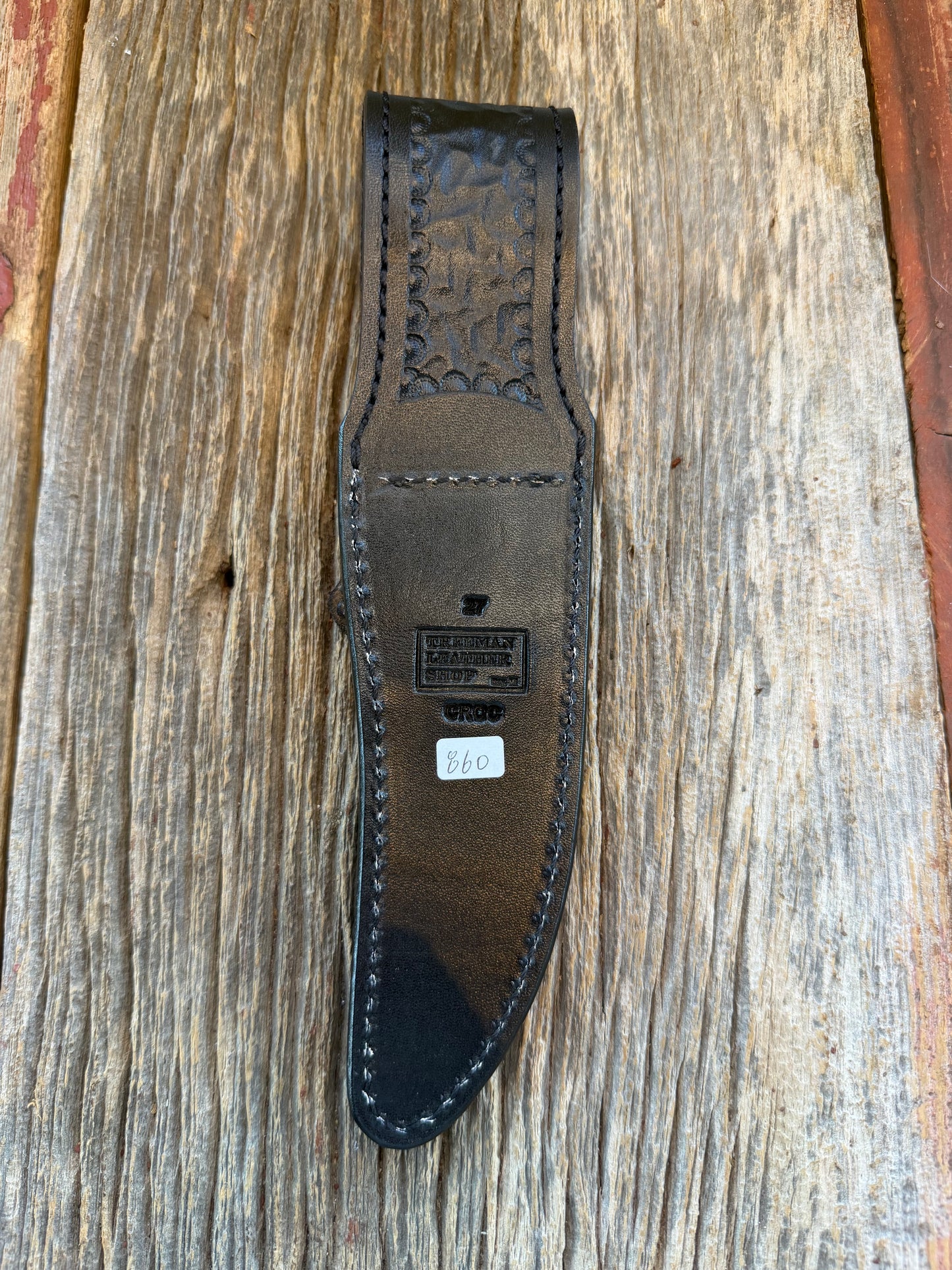 New Randall Model 27 Sheath in Exotic Black Crocodile from Treeman. Black canteen Snap .. Johnny Cash Style … All Black.