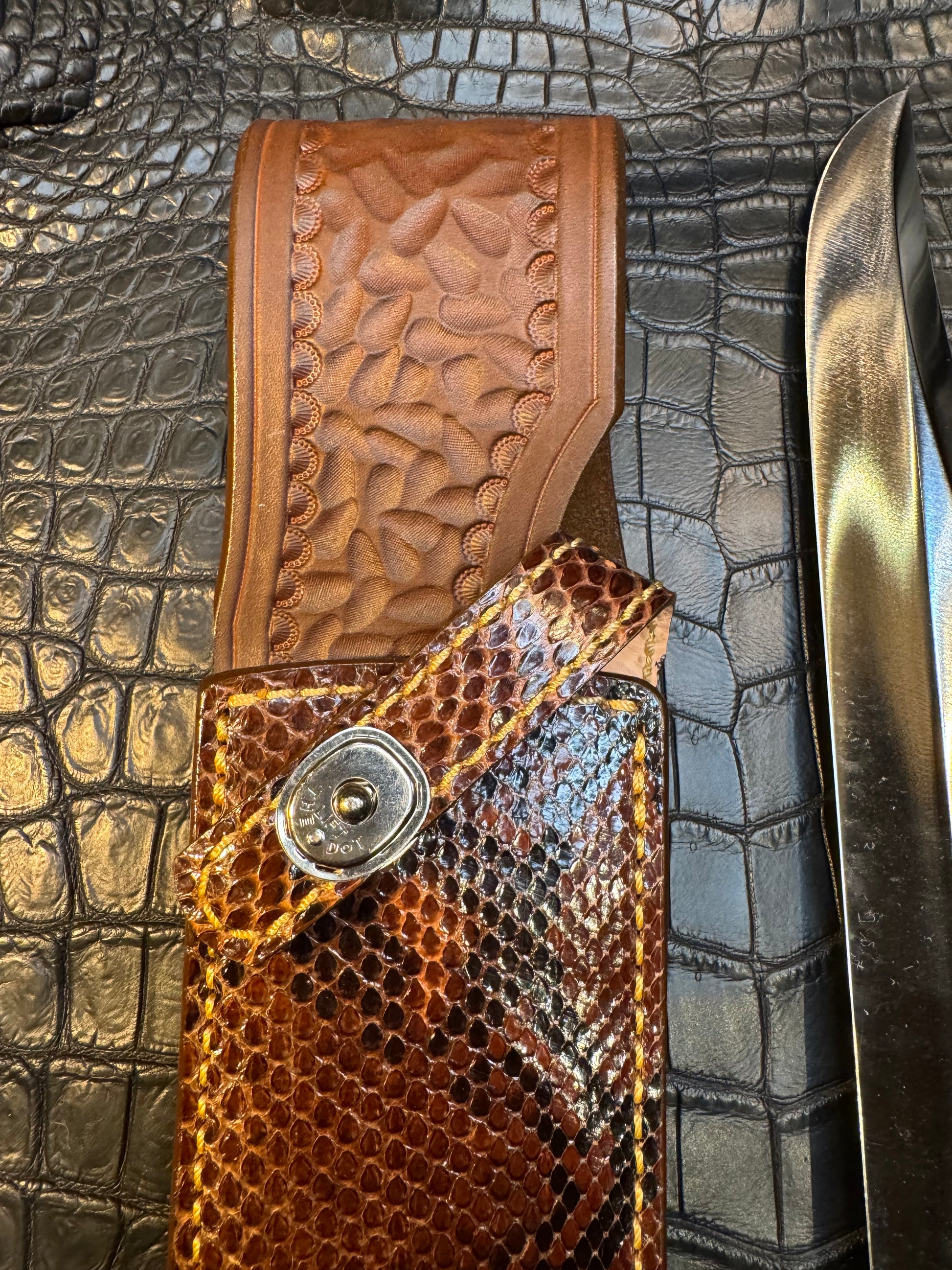 Randall Model Confederate Sheath in Exotic Brown and Black Python skin from Treeman. Sheath only.