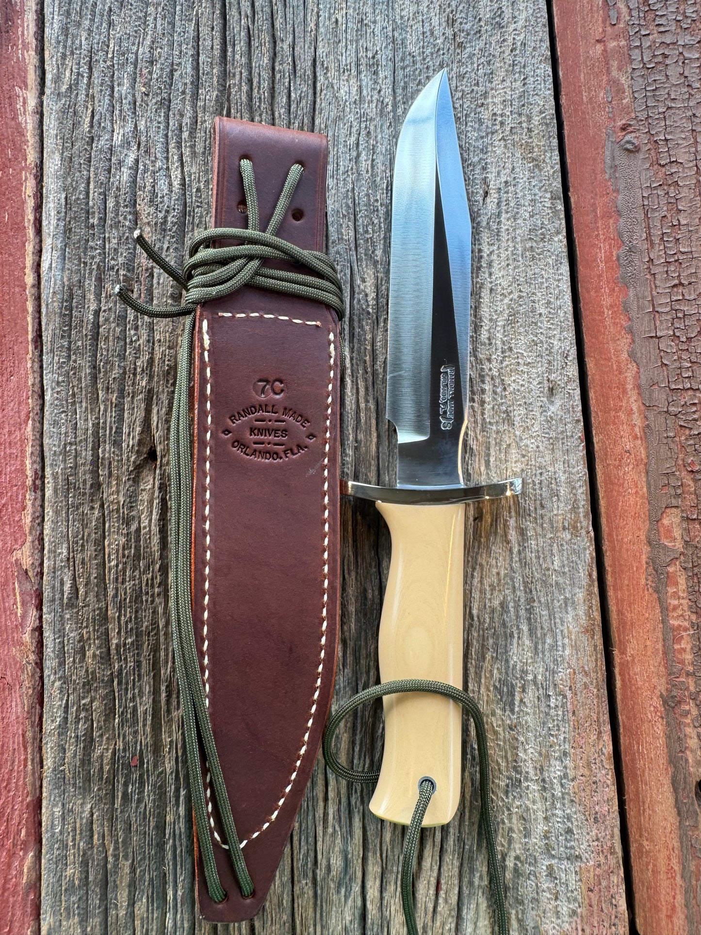 Randall Model 16-7 in Tan Micarta. Nickel Silver Hilt, Stainless steel and Lanyard. New in Paper.