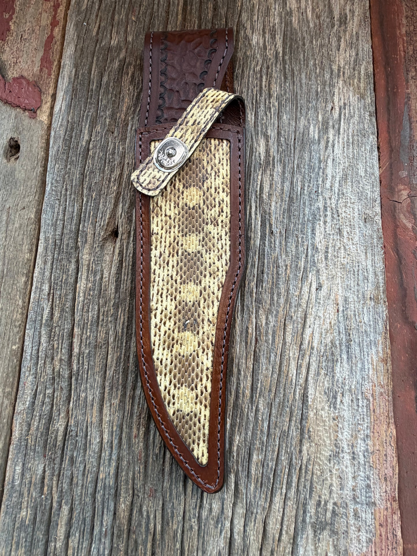 Randall Model 12-8 Big Bear Sheath in Exotic West Texas Yellow Gopher Snake from Treeman Sheaths.
