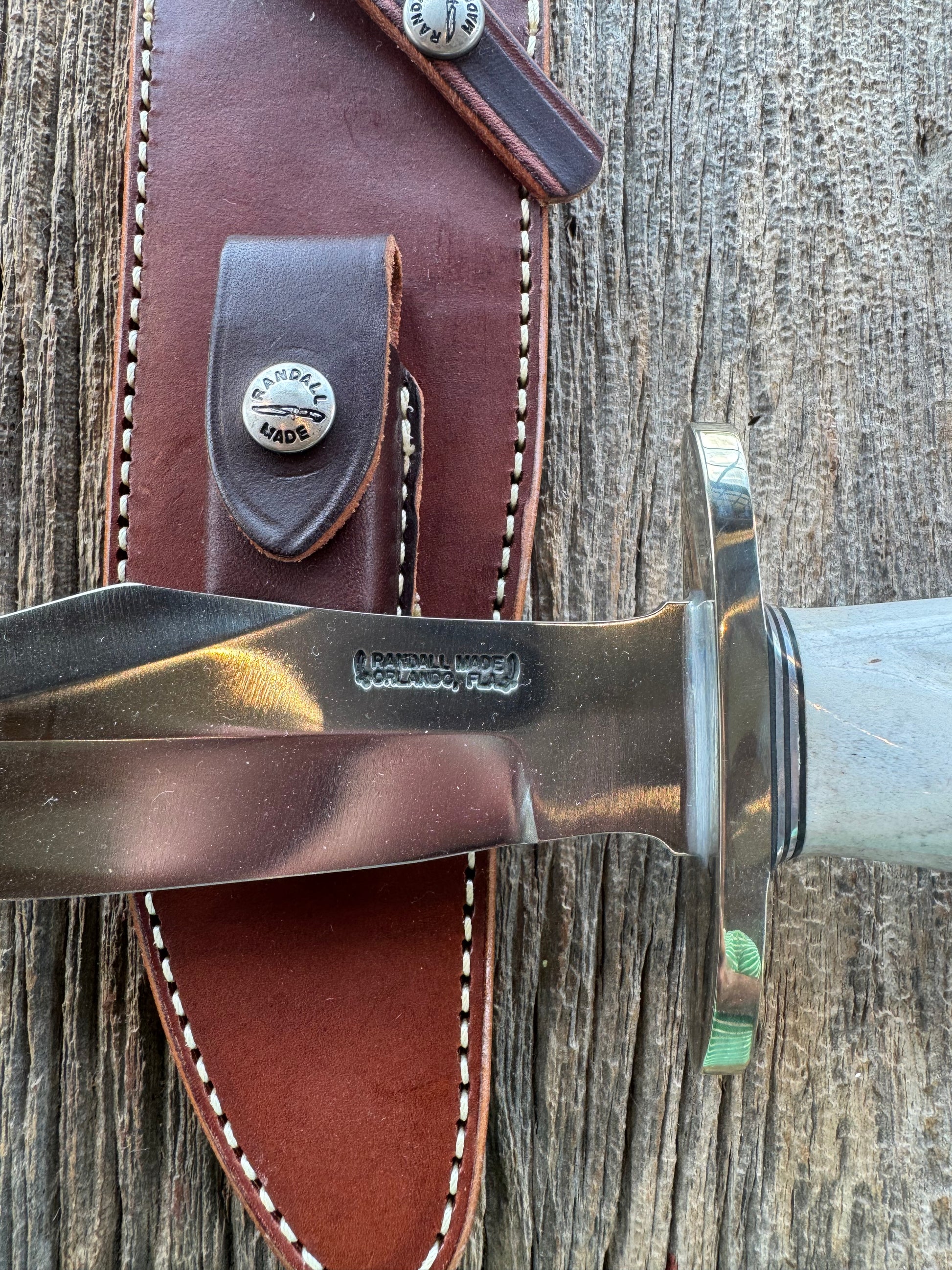 Randall Model 12-8 Big Bear in a gorgeous piece of Polished Crown Stag. Nickel Silver Hilt and a natural exposed end. Stainless,