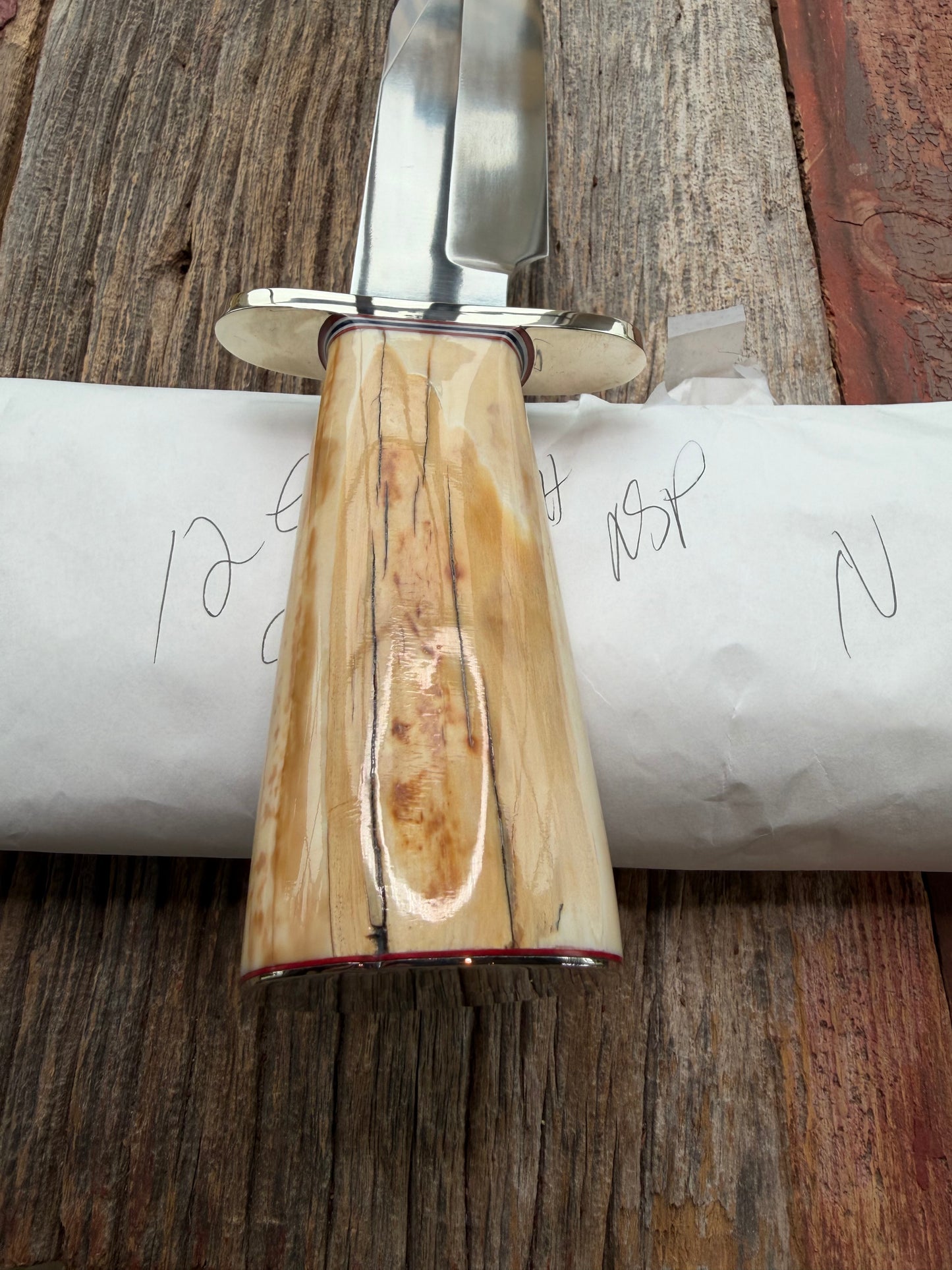 New in Paper Randall Knife Model 12-9 beautiful Fossil walrus handle, incredible colors (creams, browns , oranges) Double Nickel Silver hilt, nickel plate, Stainless Steel, RWB spacers