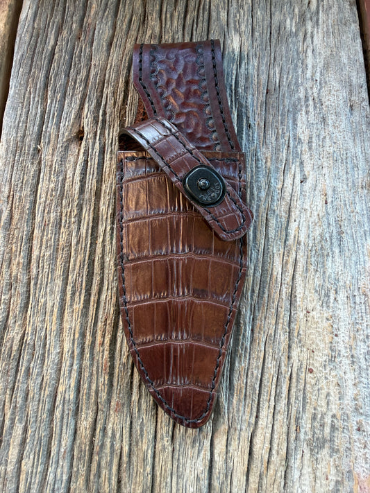 New Randall Model 19-5 Sheath in Exotic Dark Brown Crocodile from Treeman with the newest Black Canteen snap.
