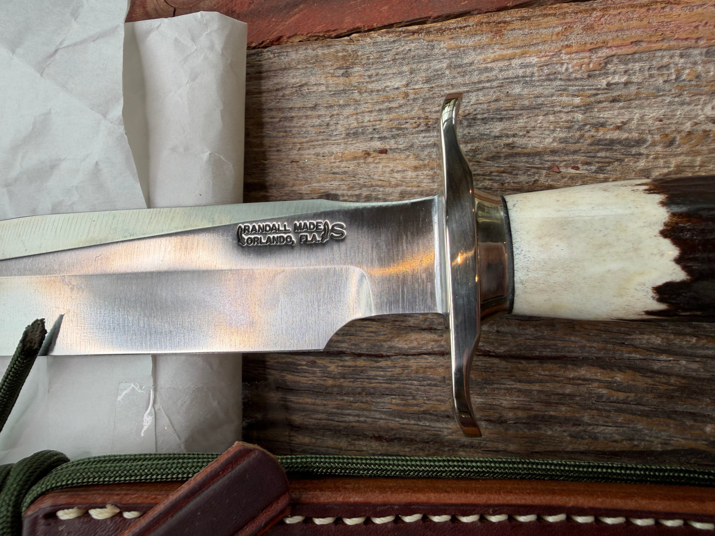 New in Paper Randall Made Knife Model 1-7 Dark Stag , Stainless, Nickel Silver Hilt, Aluminum butt cap. Nickel Silver Collar