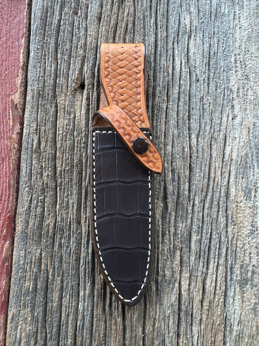New Randall Model Combat Companion Sheath in Exotic Brown Natural Croc with full leather hand tooled belt loop. Custom Made at Sullivan’s by Gutcher.