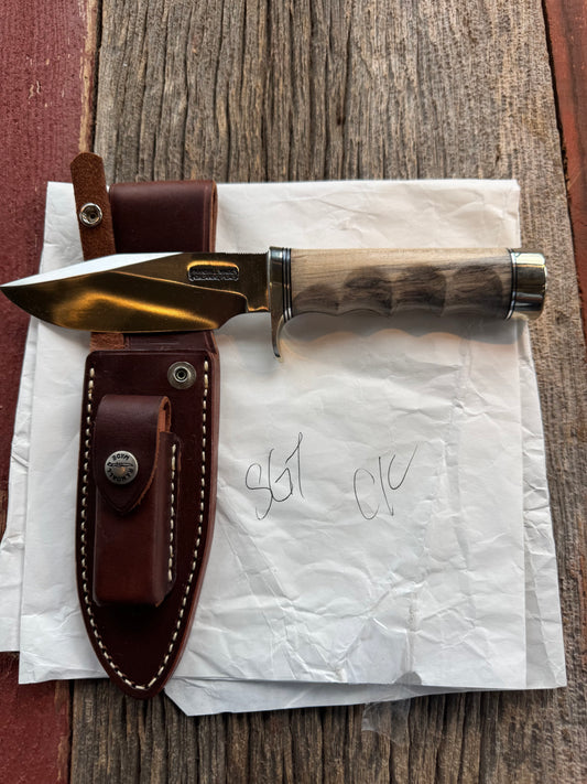 New in Paper Randall Non Catalog Model Sergeants Special, Maple handle with finger grooves. Carbon blade, Nickel silver single hilt and butt cap. Brown leather sheath.