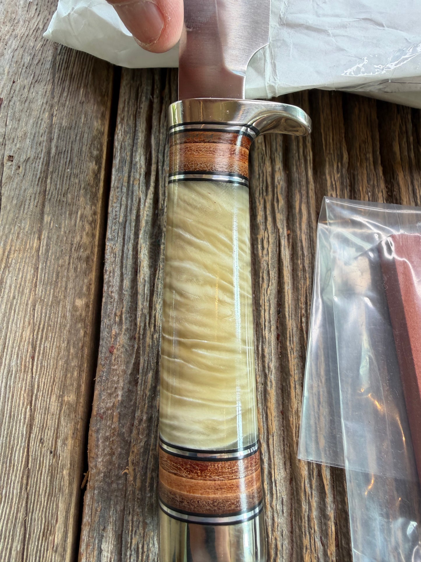 Randall Knife Model 26 Pathfinder (new in paper) Beautiful piece of Musk Ox Black and Aluminum and leather spacers, NSH and buttcap.