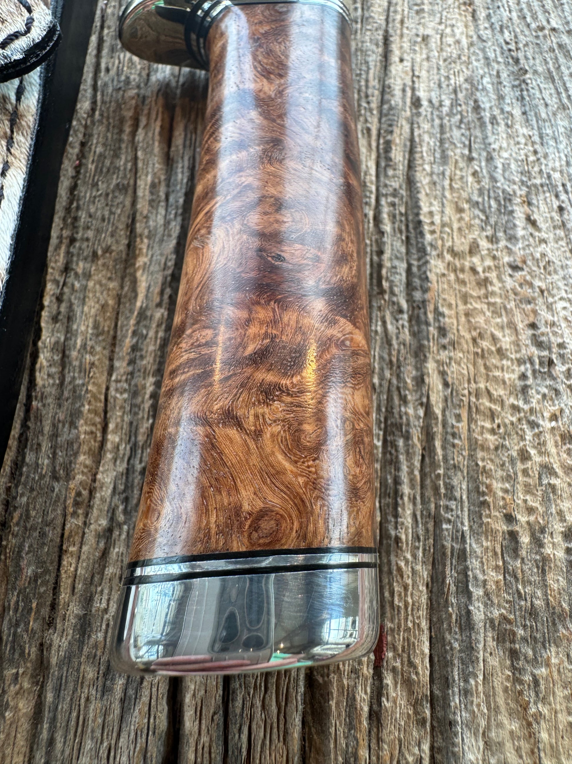 Randall Knife Model 23 Amboyna Burl wood Handle, Stainless Steel blade, Nickel Silver hilt and Butt cap. Exotic Zebra Sheath.