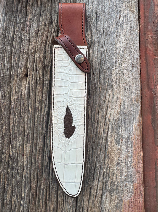New Randall Model 1-8 or 2-8 Sheath in Exotic white Natural Croc with Anus and full leather belt loop. Custom Made at Sullivan’s by Gutcher with Randall stamp on back and snap.
