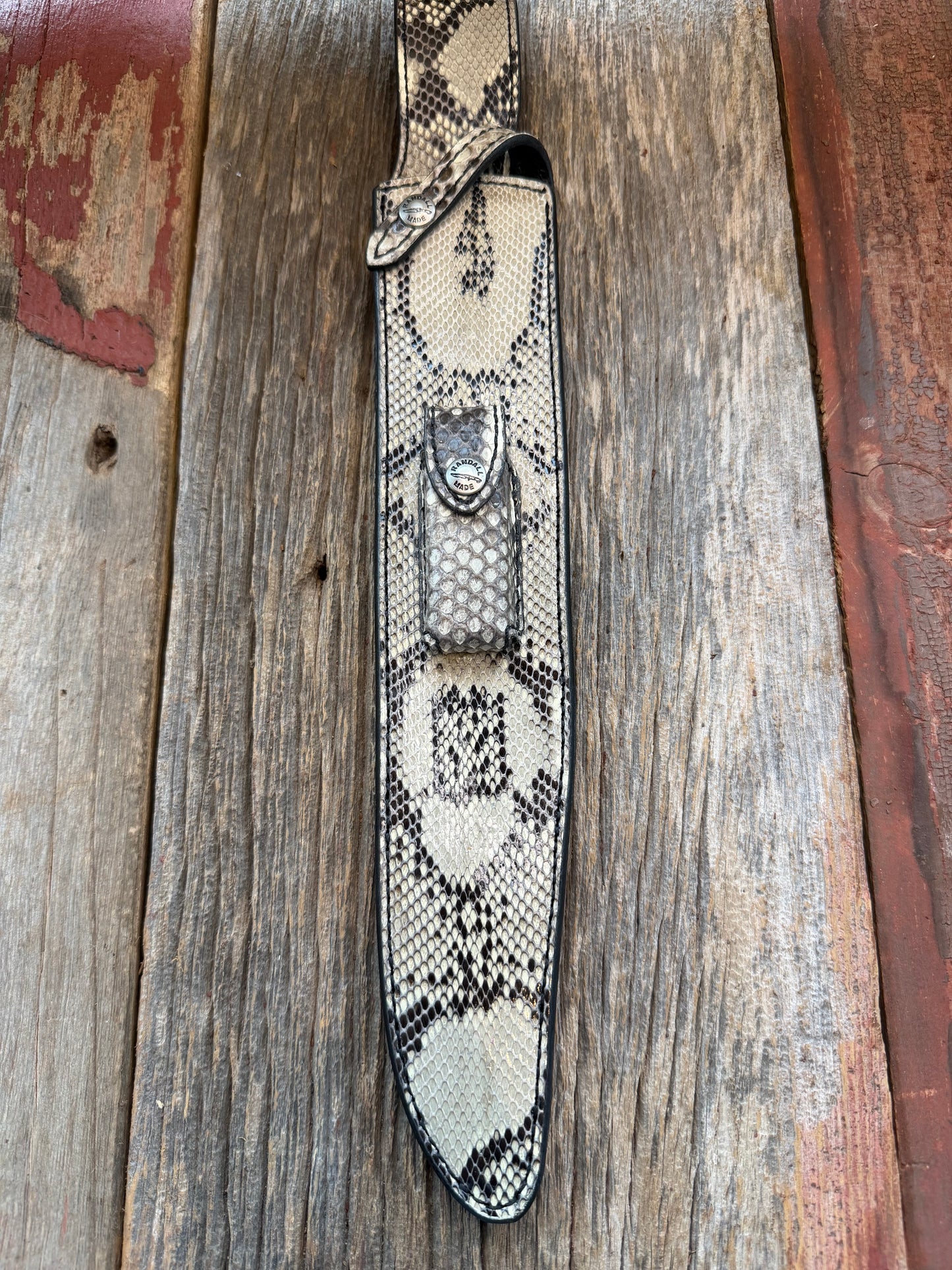 New Randall Model 12-13 Thorp Sheath in Exotic Black and White Python double sided (very rare) Custom Made at Sullivan’s by Gutcher.