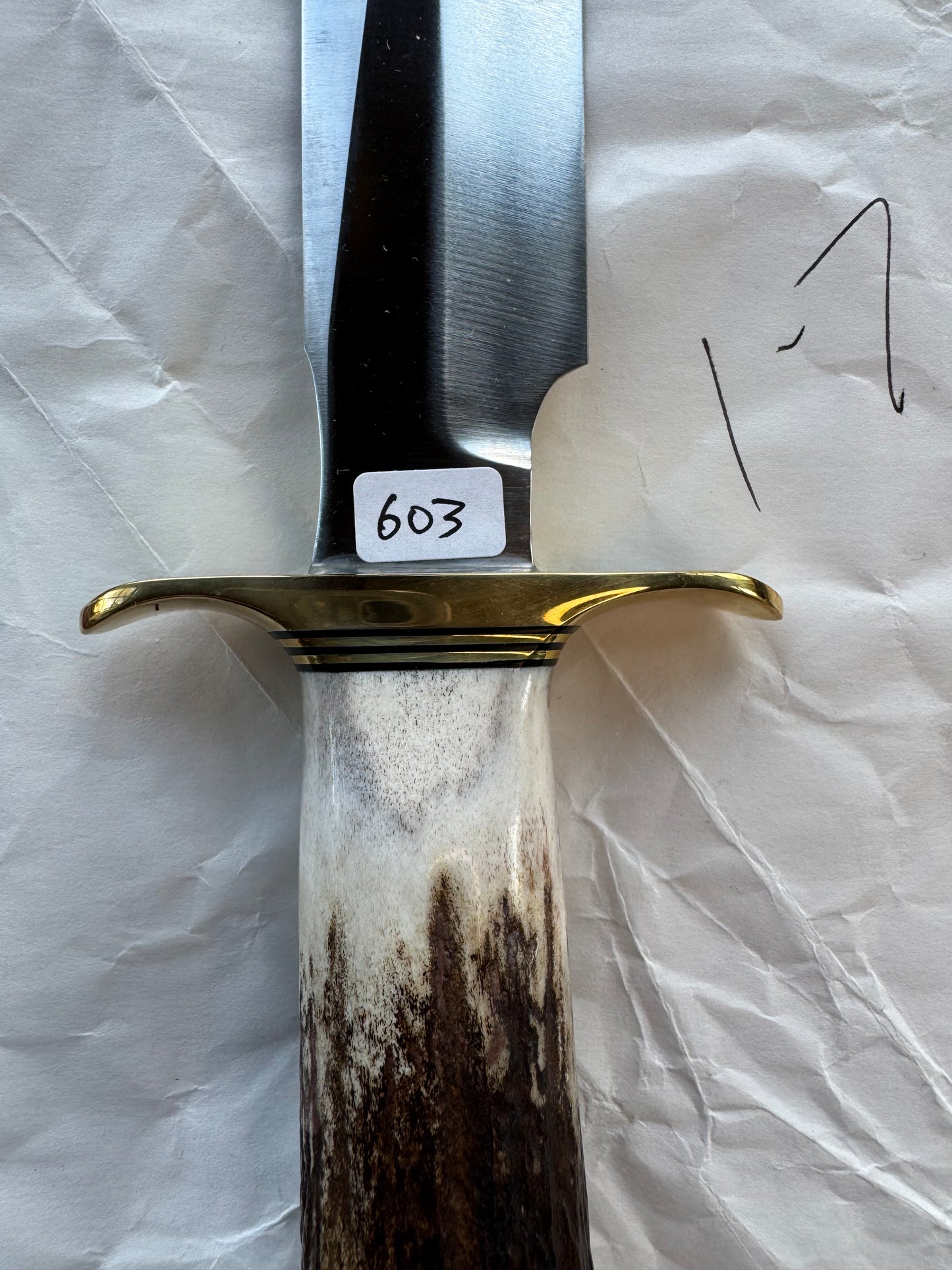 New in Paper Randall Knife Model 1-7 in Stag, Brass Hilt and Butt Cap, Black and Gold spacers.