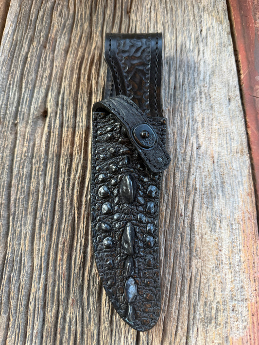 Randall Model 27 Trailblazer in Exotic Black Snapping Turtle Horned/Dragon Tail Sheath from Treeman. New version with a Black Canteen Snap.