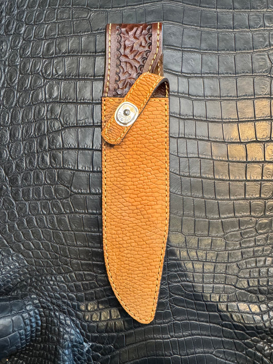 Randall Model 14 in Beaver Tail, Straight hilt, Canteen Snap, full brass stamping and stitching.