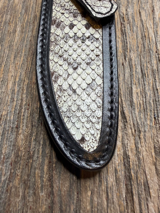 Randall Model Combat Companion sheath with an Eastern Diamondback RattleSnake skin from Treeman Sheaths. Hand tooled belt loop, canteen snap. One the hardest skins to source.