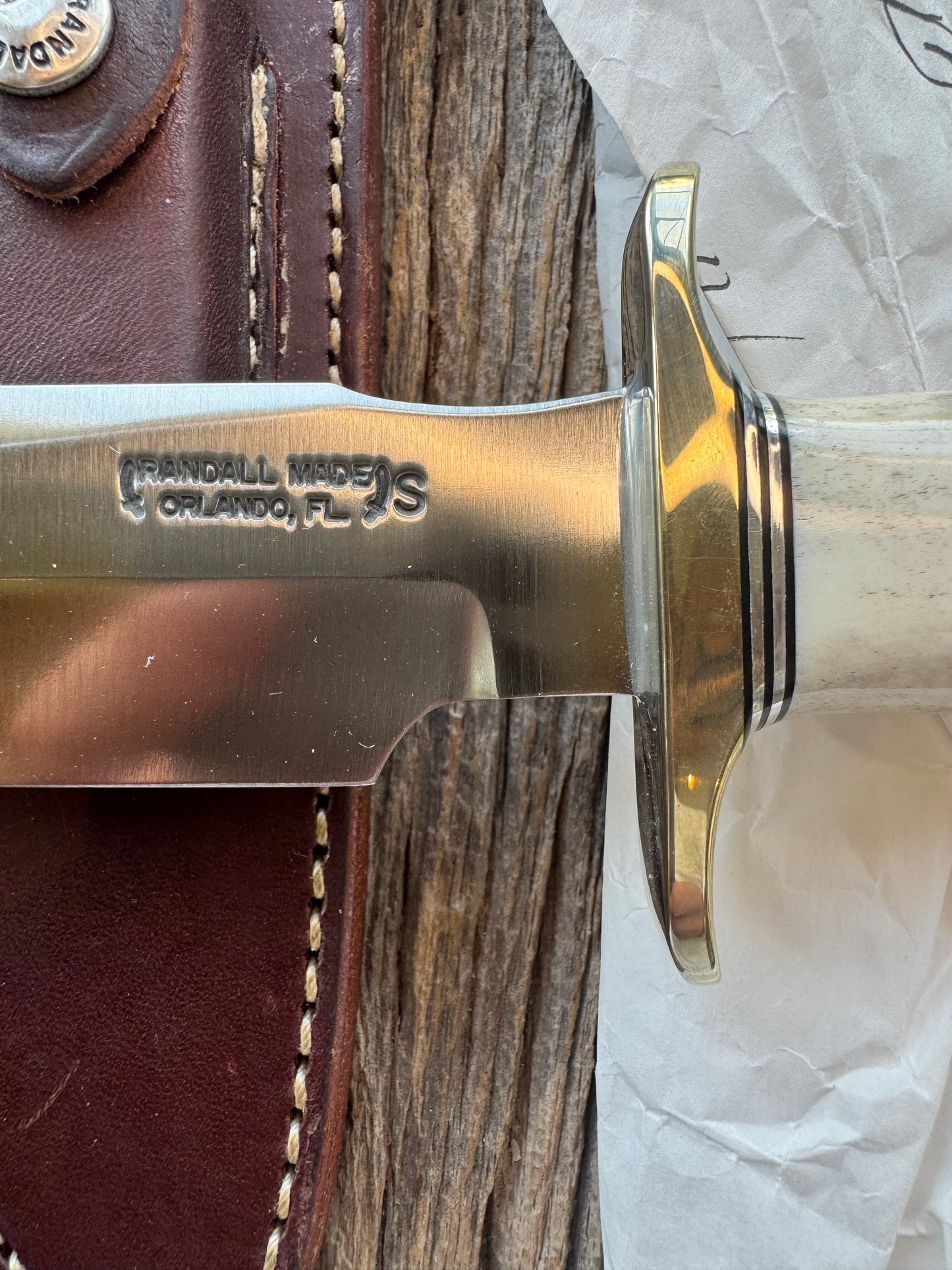 New in paper Randall Model 1-8 with shop Stag. Nickel silver Hilt and Aluminum Butt cap.