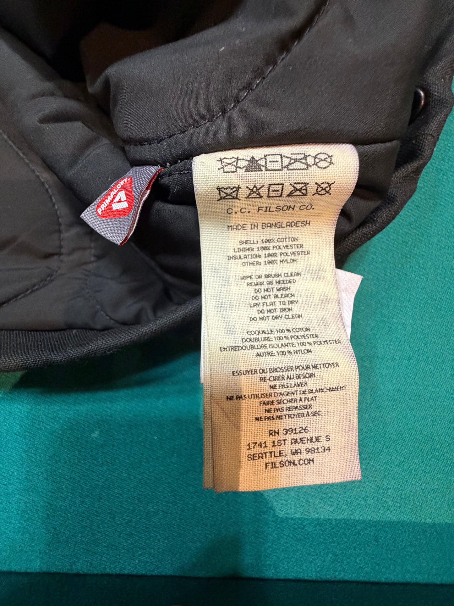 NWT Filson TIN CLOTH PRIMALOFT® JACKET in Black in a size Large NWT