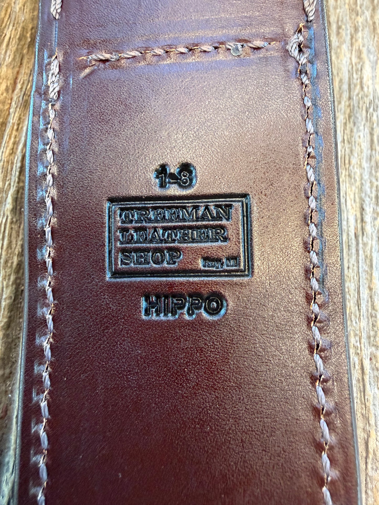 Randall Model 1-8 Sheath in Exotic Sueded Chocolate Brown Hippo by Treeman. Battle scars abound!!