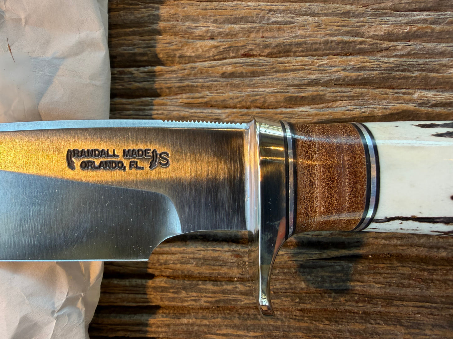 New in paper Randall Knife Model 25-6 Trapper in Stag Leather Handle Stainless Blade, NSH