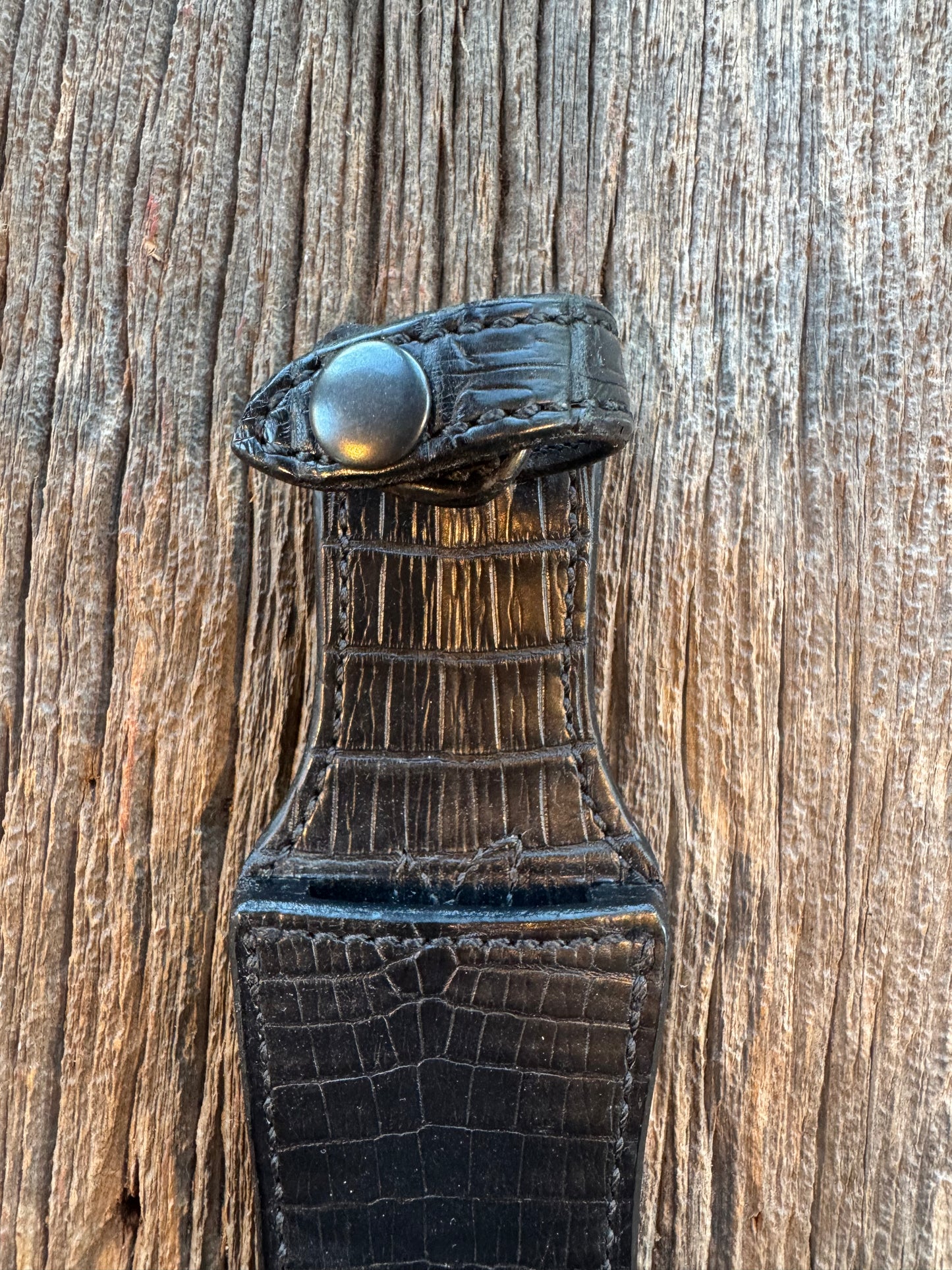 New Randall Model 2-8 Sheath in Exotic Black Natural Croc with full belt loop, back and front and loop in Black Croc( very rare) Custom Made at Sullivan’s by Gutcher.