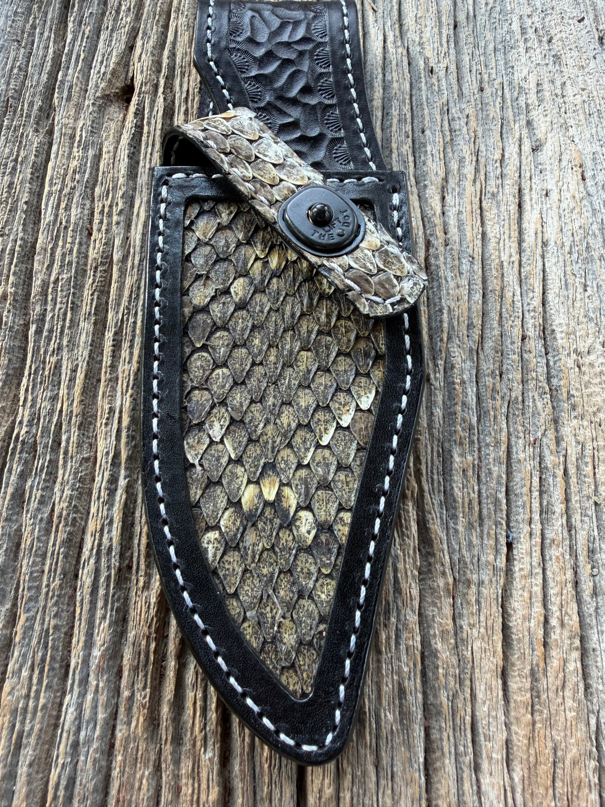 Randall Model 19-5 sheath with inlayed Western Diamondback RattleSnake skin from Treeman Sheaths. Brown leather, white deviated stitching and black canteen snaps.