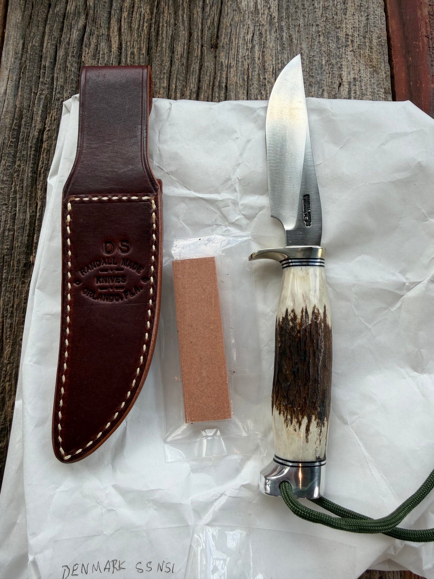 New in Paper Randall Made Knife Model Denmark Special Stainless Nickel Hilt, Wrist thong.