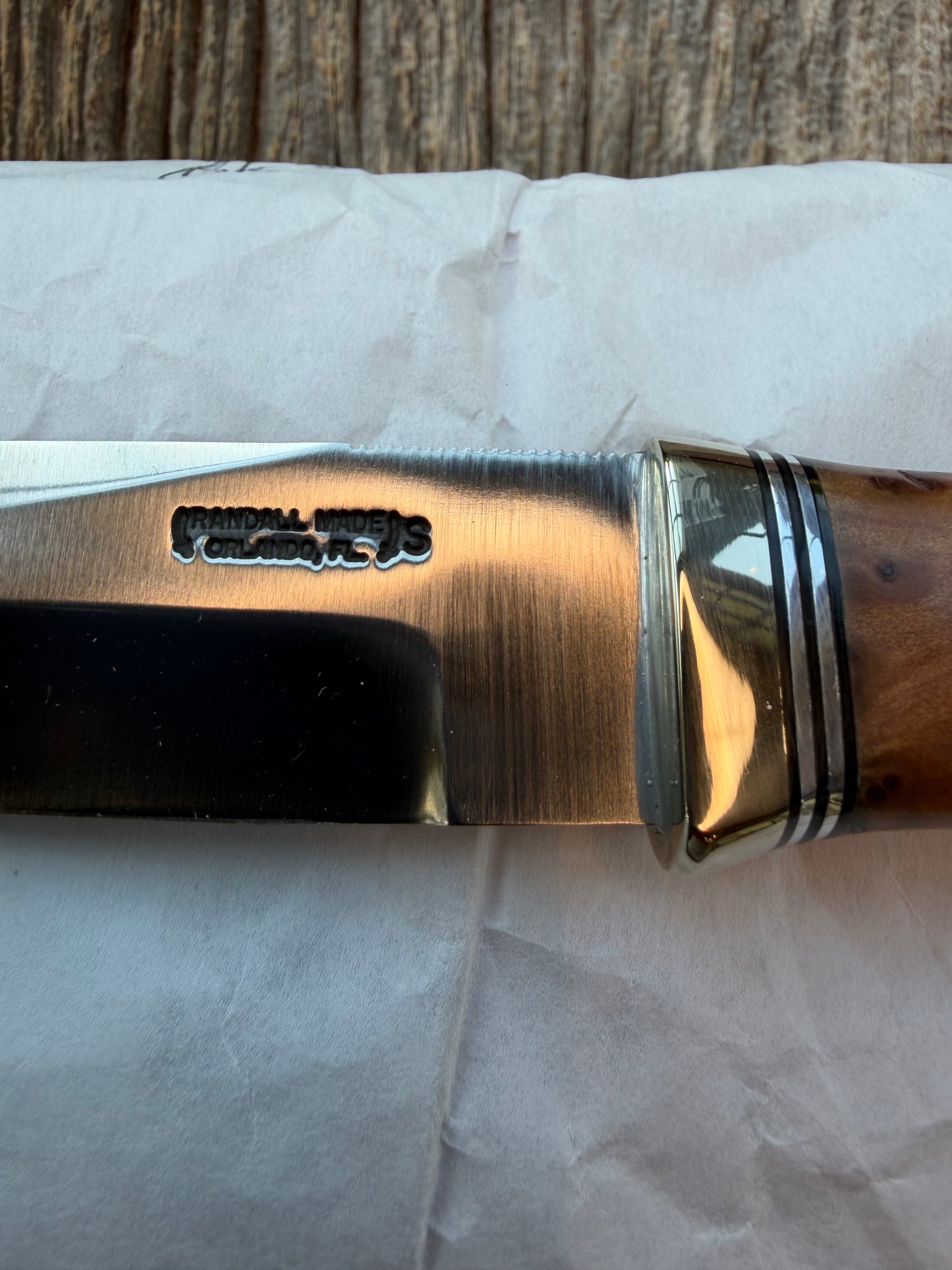 New in Paper Randall Model “Gambler” 4 Inch in Thuya Wood, Nickel hilt, Stainless, black and aluminum spacers.