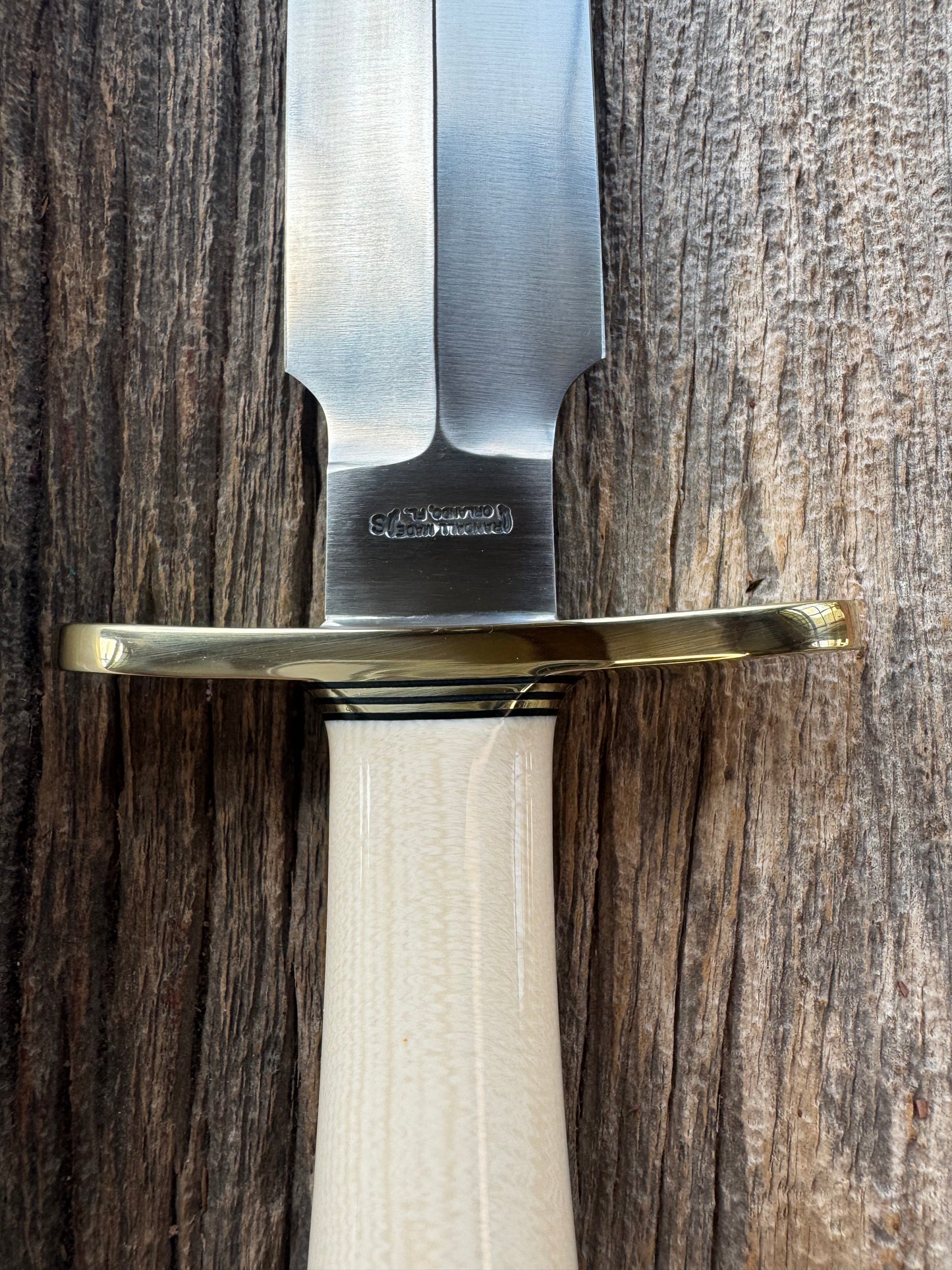 New in paper Randall Clinton Special with a nice piece of customer supplied Warthers Resin with concave grip, Stainless Steel, Brass Hilt and brass coolie cap.