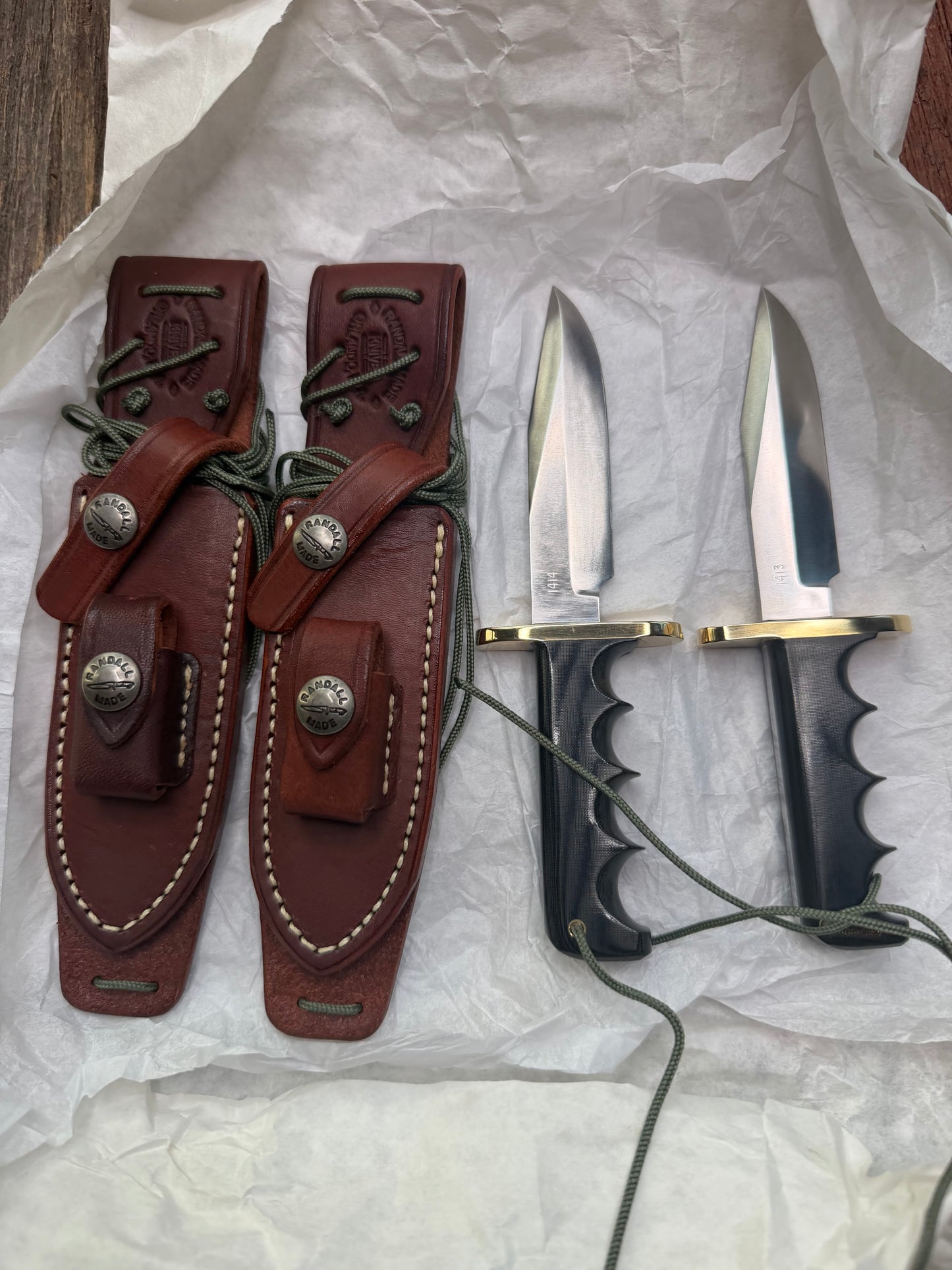 New in Paper a Pair of Sequentially numbered Randall Made Knife Mini Model 14’s Attack Knife Black Micarta SN # 1413 and # 1414