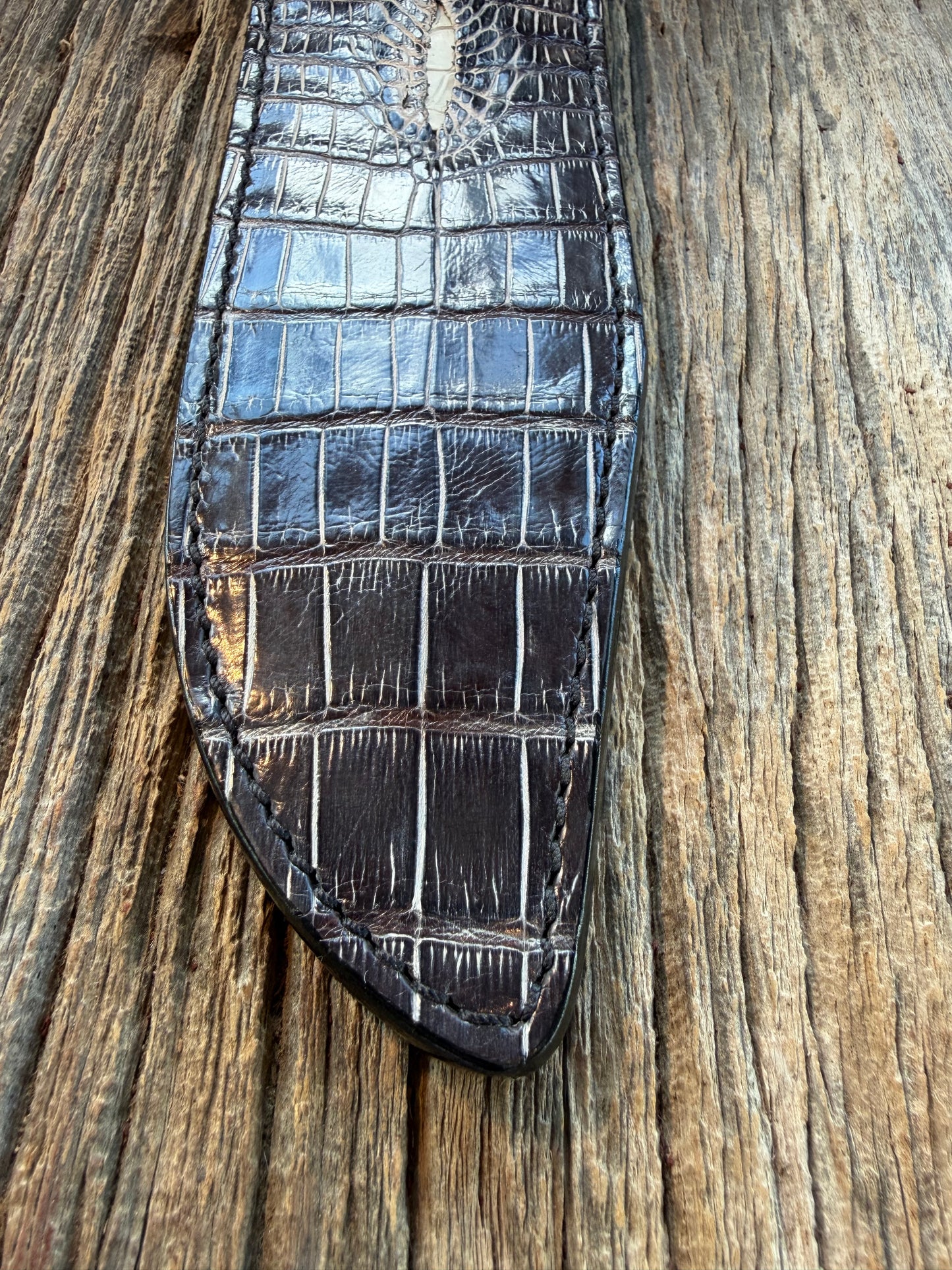 New Randall Model 12-9 Sheath in Exotic Black/Grey Shiny Anus Crocodile from Treeman with the newest Black Canteen snap.