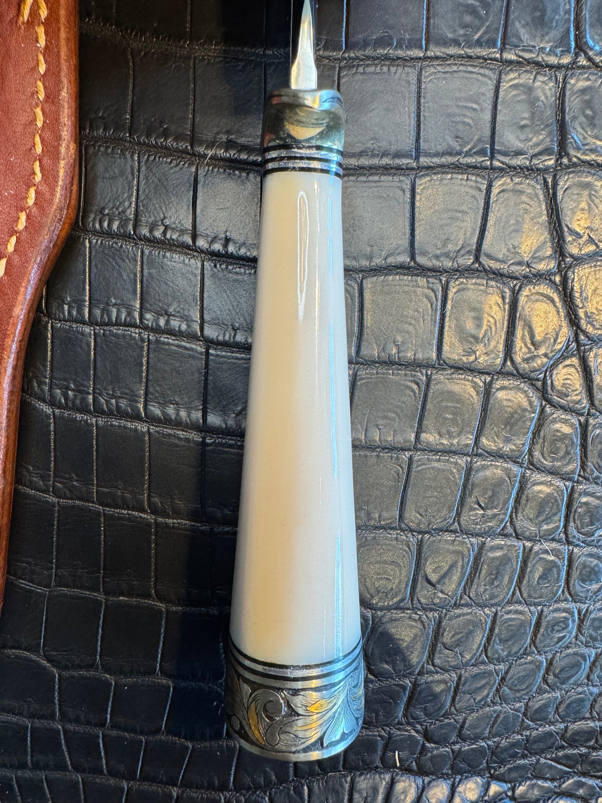 Randall Model 26 in Elephant Ivory, Gold and Silver Engraved, Nickel Silver Single Hilt and Butt cap fully engraved.