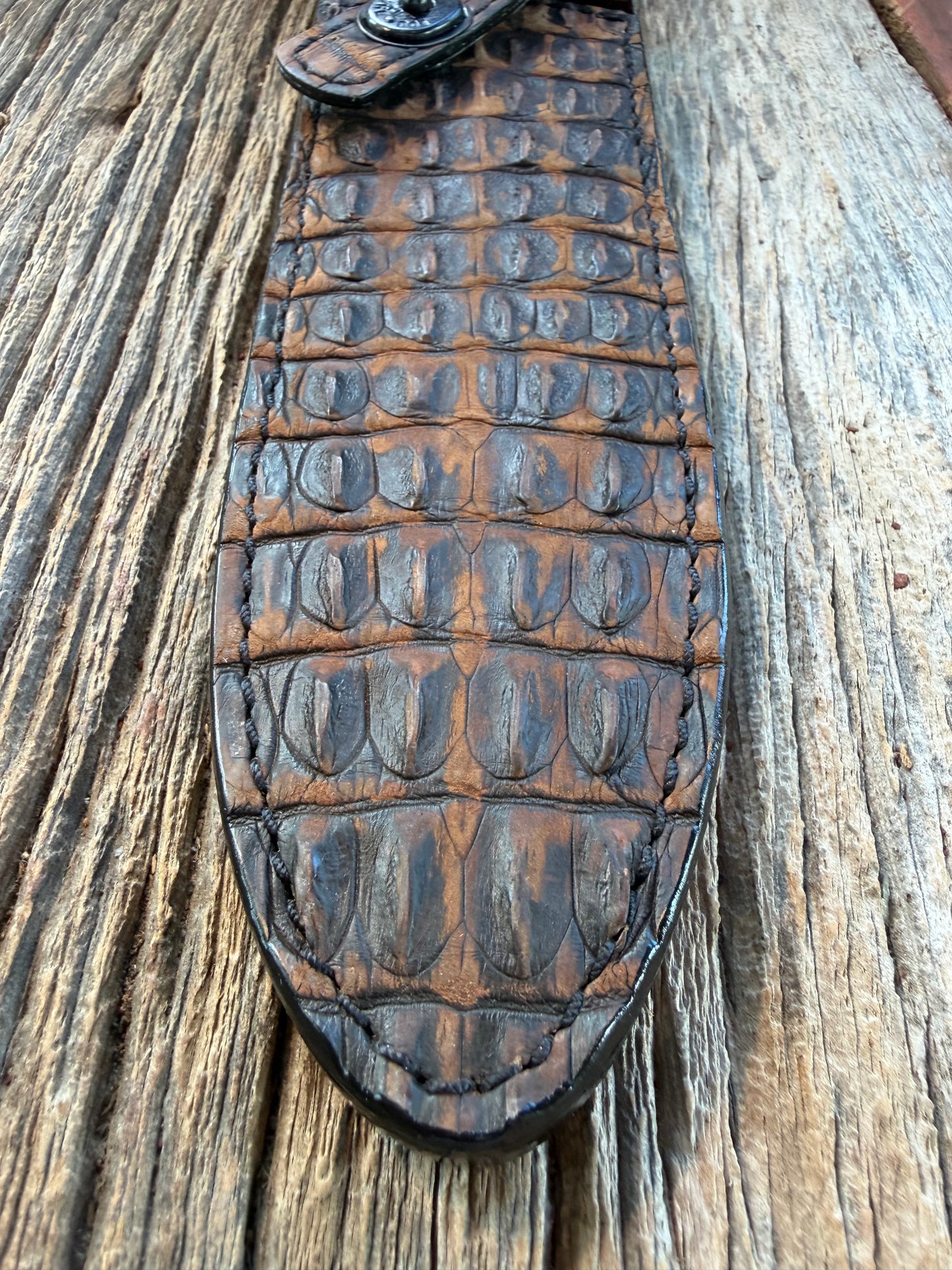New Randall Model Clinton Special Sheath in Exotic Dark Brown Sueded Crocodile ( Hornback) from Treeman with the newest Black Canteen snap.
