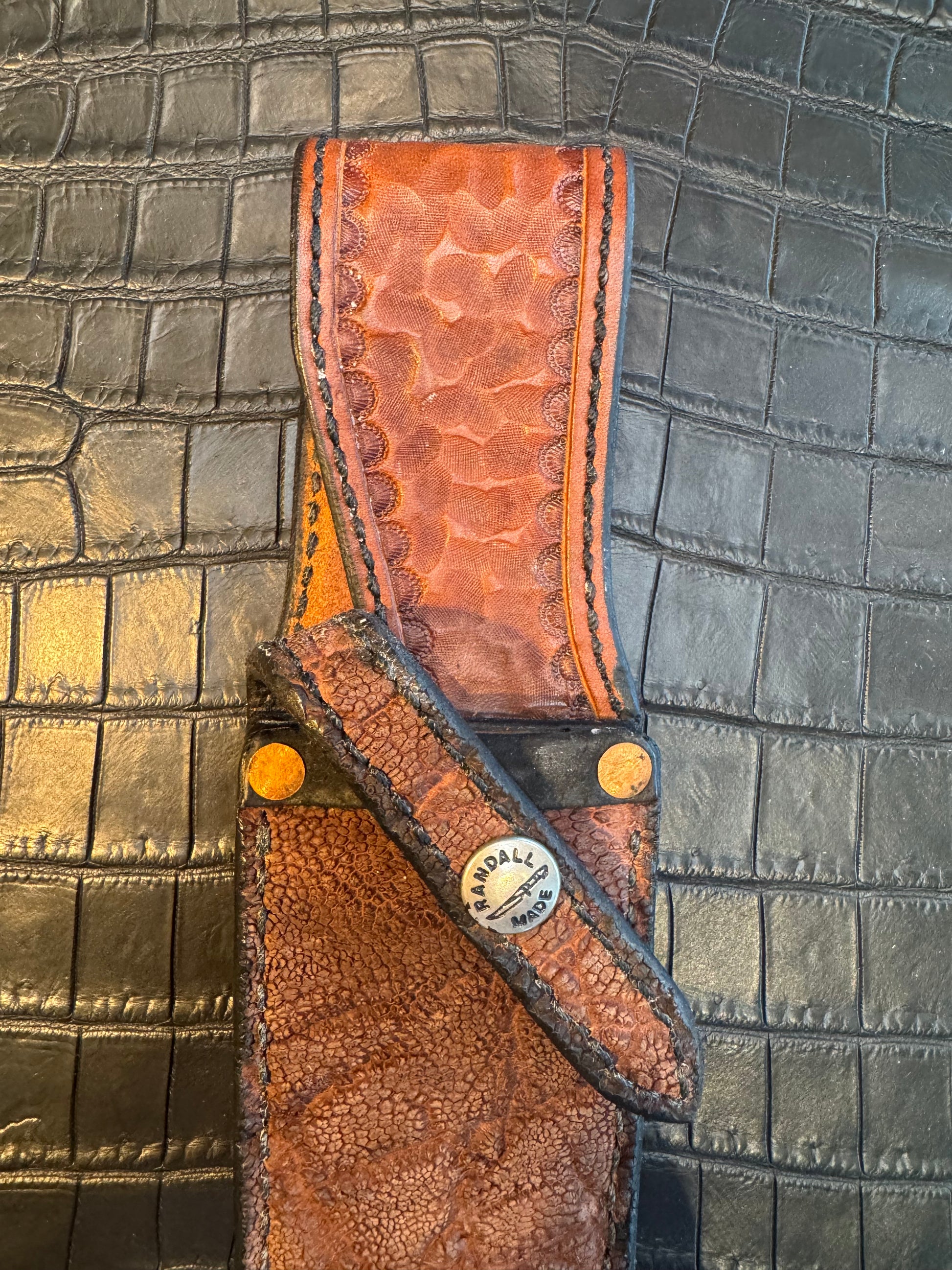 Randall Model 25-6 Sheath in Exotic Thick Brown Elephant Custom Made at Sullivan’s by Gutcher.
