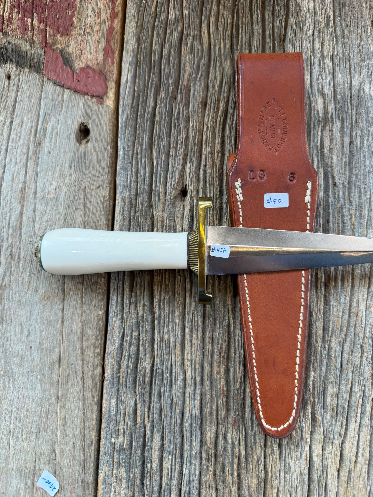 Randall Knife Model 13-6 Small Arkansas Toothpick in Elephant Ivory. Lugged Hilt, Scalloped brass collar and Coolie bottom,