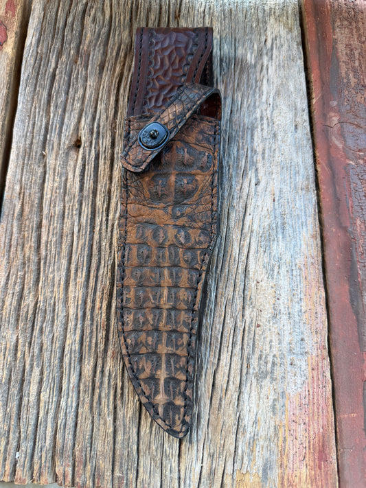 New Randall Model 12-8 Big Bear Sheath in Exotic Dark Brown Sueded Crocodile ( Skull and Hornback) from Treeman with the newest Black Canteen snap.