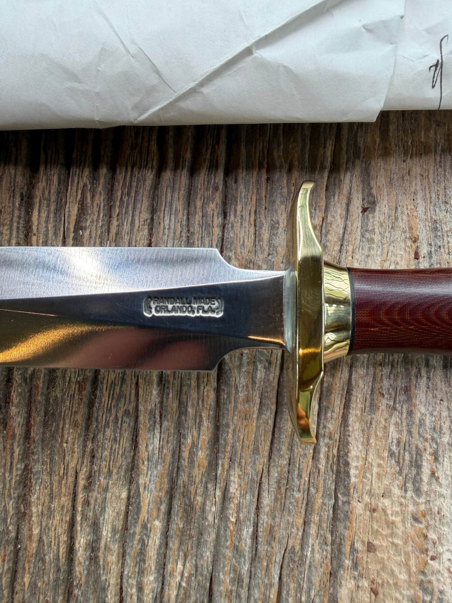 New in Paper Randall Knife Model 2-5 Beautiful  Brass Hilt, Collar and rounded Butt cap,Carbon Blade, Maroon Micarta Handle