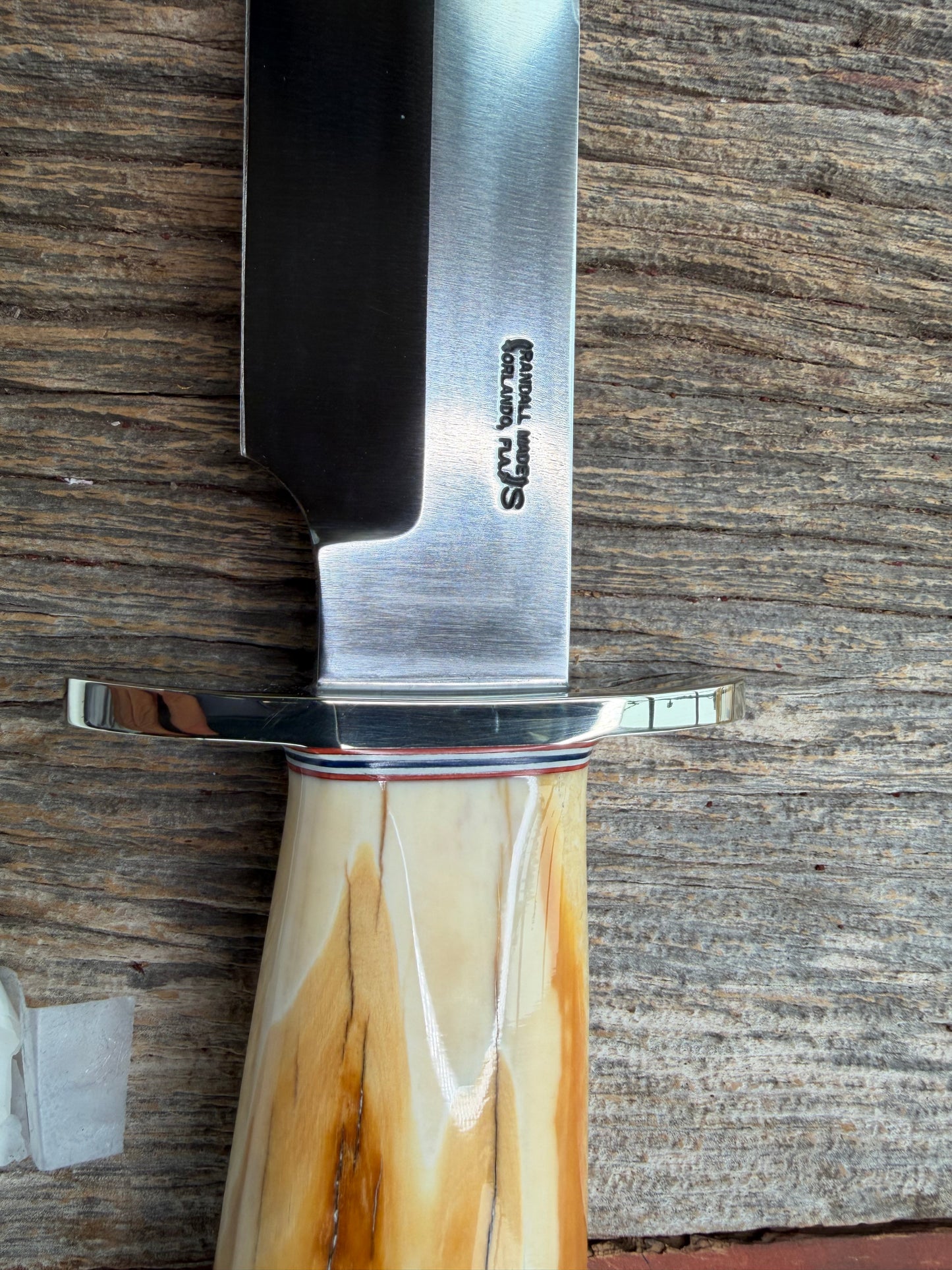 New in Paper Randall Knife Model 12-9 beautiful Fossil walrus handle, incredible colors (creams, browns , oranges) Double Nickel Silver hilt, nickel plate, Stainless Steel, RWB spacers