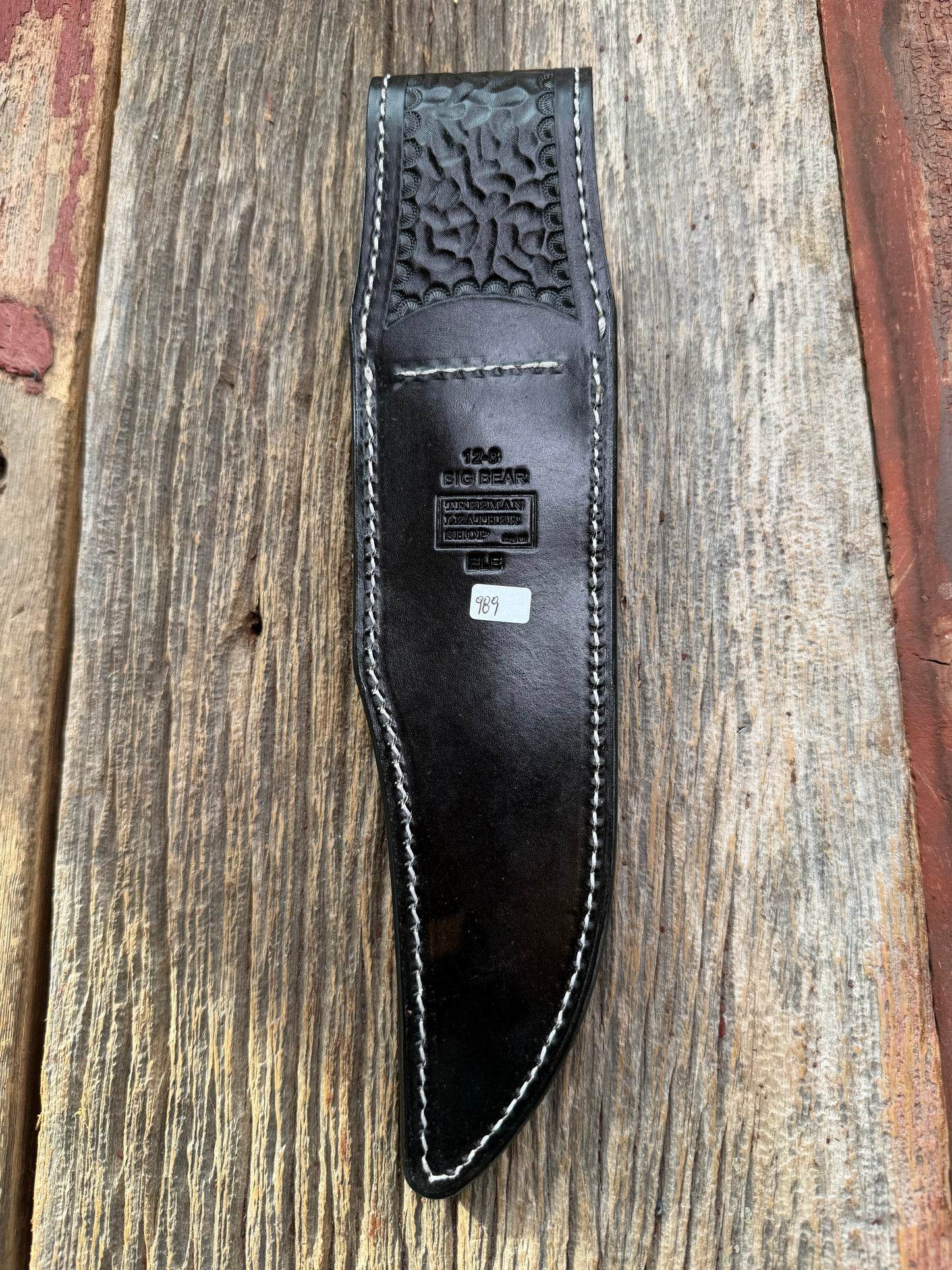 New Randall Model 12-8 Big Bear Sheath in Exotic thick and textured Grey Elephant Hide on black leather from Treeman with a silver Canteen snap. Hand tooled belt loop. Killer sheath.