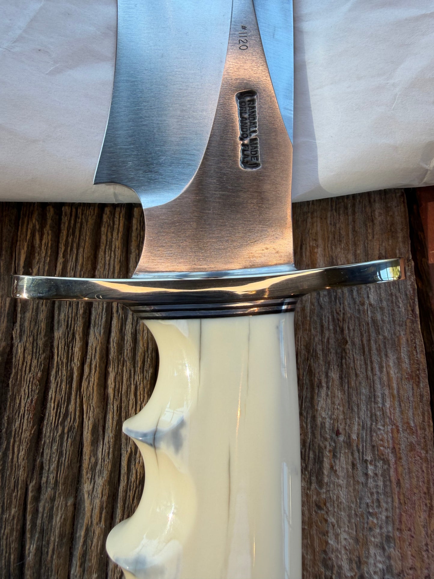 NOTE : Item is part of my personal Collection. Adding to cart will not result in sale. New in Paper Randall Model 12-11 Dealer Special Large Sasquatch Huge piece of Pearly White Fossil walrus Ivory, Finger Groves , # 1120 Nickel Silver Hilt and butt cap.