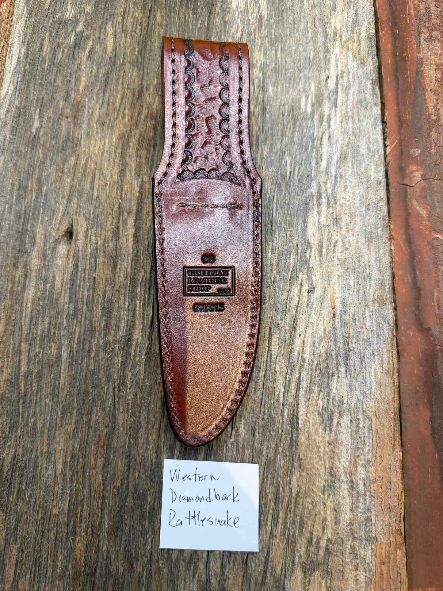 Randall Model 28 Sheath in Exotic Western Diamondback RattleSnake from Treeman Sheaths. Tremendous colors on this one.