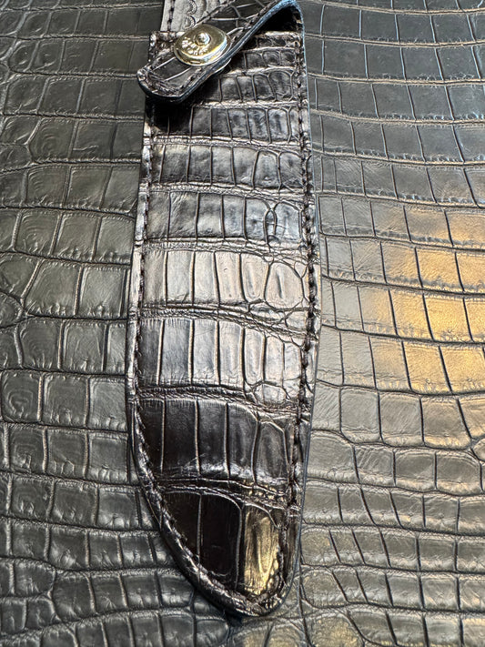 Randall Model 14 in Black Crocodile Straight hilt, Canteen Snap, full brass stamping and stitching.