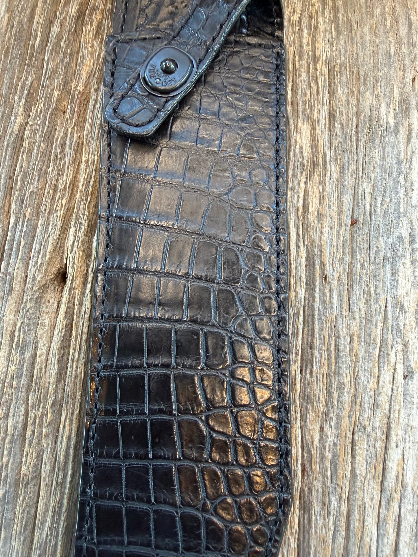 New Randall Model Confederate Sheath in Exotic Black Crocodile from Treeman. Black canteen Snap .. Johnny Cash Style … All Black.