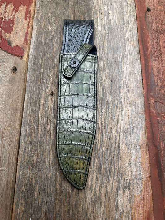 New Randall Model 12-9  Sheath in Exotic Army Green Matte Crocodile from Treeman with the newest Black Canteen snap. Killer sheath.