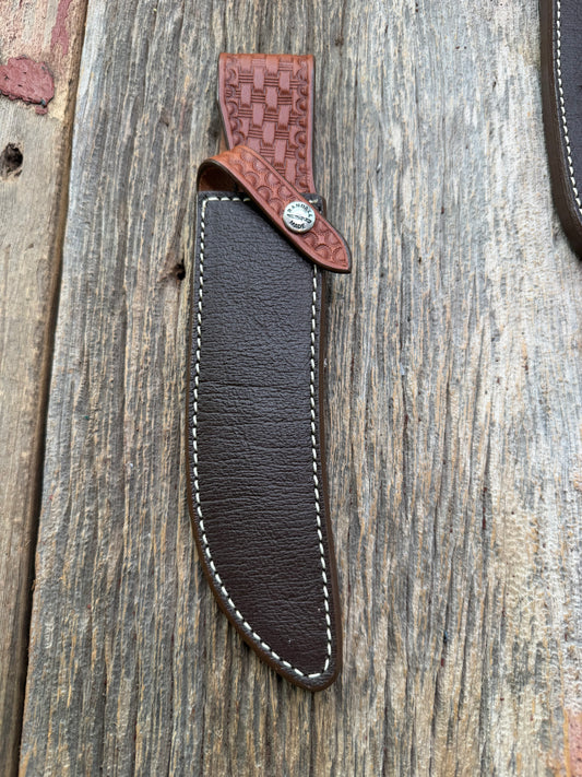 Pristine Randall Model 4-7 sheath in Exotic Cape Buffalo leather from Sullivans by Gutcher. Heavily tooled belt loop and strap. Randall snap and clean stamping on the back … perfect!!